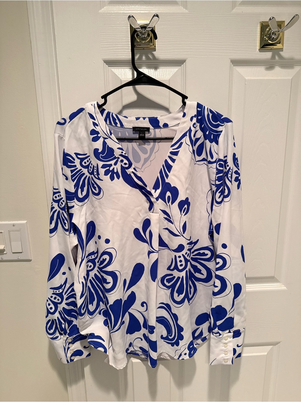 Ann Taylor White Button-Down Shirt with Bold Blue Floral Print